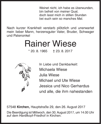 Traueranzeige von Rainer Wiese von Siegener Zeitung