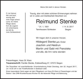 Traueranzeige von Reimund Stenke von Siegener Zeitung