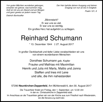 Traueranzeige von Reinhard Schumann von Siegener Zeitung