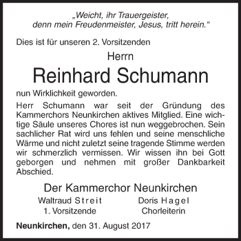 Traueranzeige von Reinhard Schumann von Siegener Zeitung