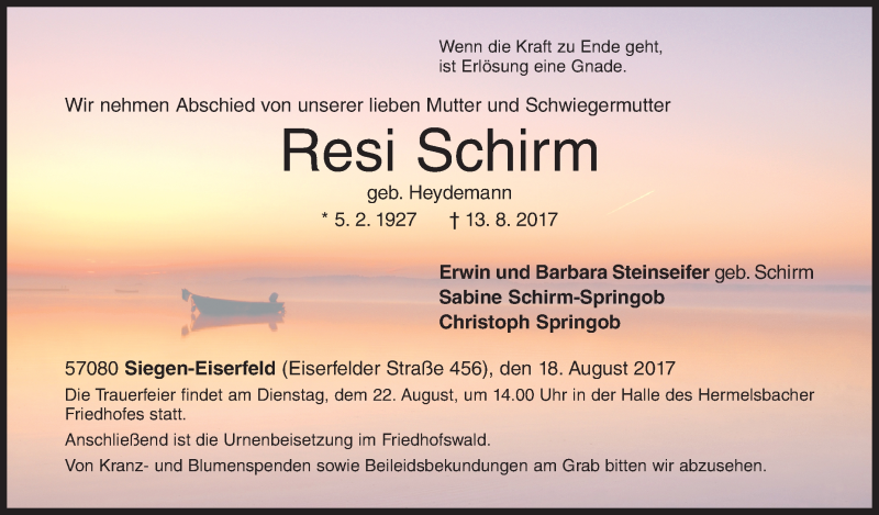  Traueranzeige für Resi Schirm vom 18.08.2017 aus Siegener Zeitung