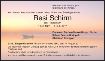 Traueranzeige von Resi Schirm von Siegener Zeitung