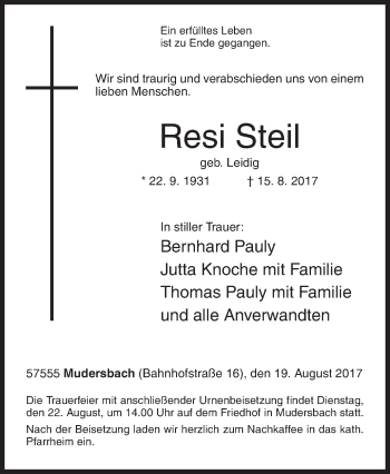 Traueranzeige von Resi Steil von Siegener Zeitung