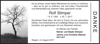 Traueranzeige von Rolf Stimper von Siegener Zeitung