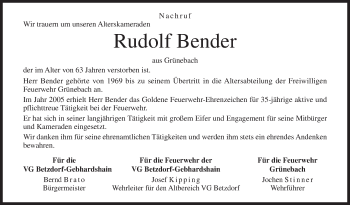 Traueranzeige von Rudolf Bender von Siegener Zeitung