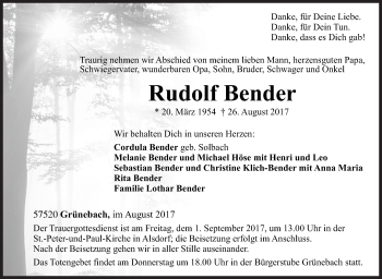 Traueranzeige von Rudolf Bender von Siegener Zeitung
