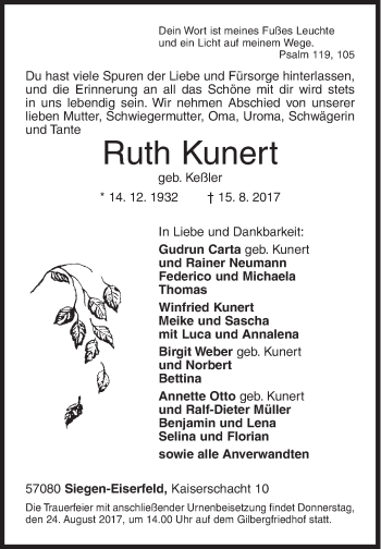 Traueranzeige von Ruth Kunert von Siegener Zeitung