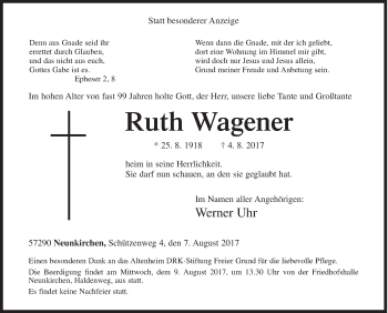 Traueranzeige von Ruth Wagener von Siegener Zeitung
