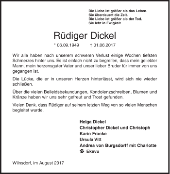 Traueranzeige von Rüdiger Dickel von Siegener Zeitung