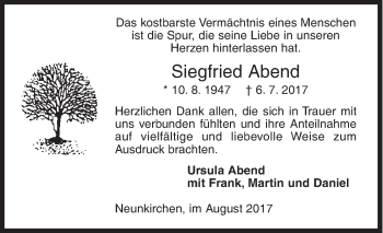 Traueranzeige von Siegfried Abend von Siegener Zeitung