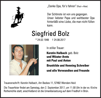Traueranzeige von Siegfried Bolz von Siegener Zeitung