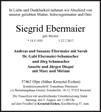 Traueranzeige von Siegrid Ebermaier von Siegener Zeitung