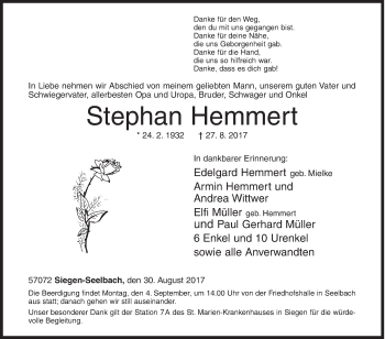 Traueranzeige von Stephan Hemmert von Siegener Zeitung