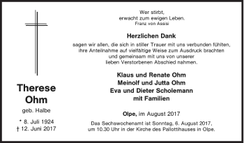 Traueranzeige von Therese Ohm von Siegener Zeitung