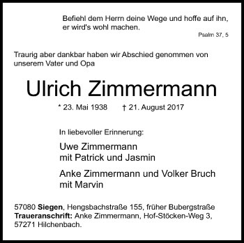 Traueranzeige von Ulrich Zimmermann von Siegener Zeitung
