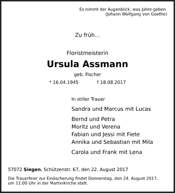 Traueranzeige von Ursula Assmann von Siegener Zeitung