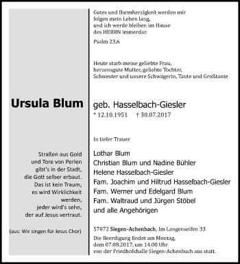 Traueranzeige von Ursula Blum von Siegener Zeitung