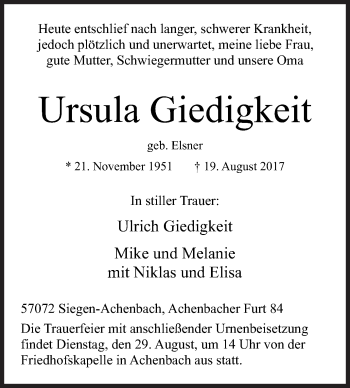 Traueranzeige von Ursula Giedigkeit von Siegener Zeitung