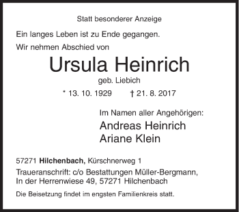 Traueranzeige von Ursula Heinrich von Siegener Zeitung