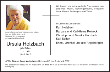 Traueranzeige von Ursula Holzbach von Siegener Zeitung