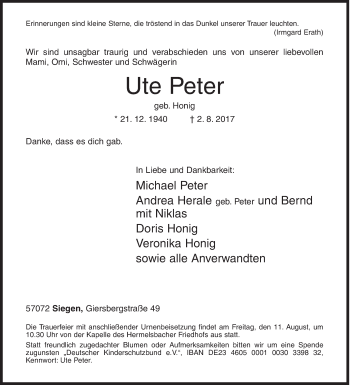 Traueranzeige von Ute Peter von Siegener Zeitung