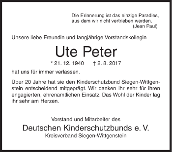 Traueranzeige von Ute Peter von Siegener Zeitung