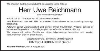 Traueranzeige von Uwe Reichmann von Siegener Zeitung