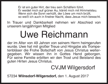 Traueranzeige von Uwe Reichmann von Siegener Zeitung