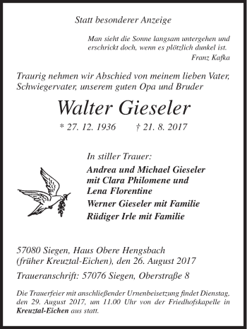 Traueranzeige von Walter Gieseler von Siegener Zeitung