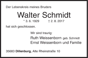 Traueranzeige von Walter Schmidt von Siegener Zeitung