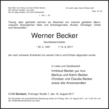 Traueranzeige von Werner Becker von Siegener Zeitung