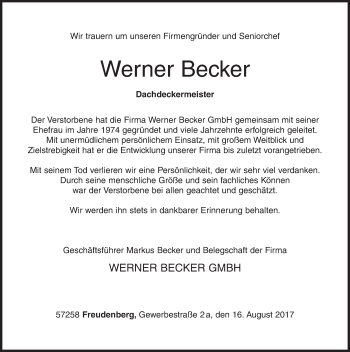 Traueranzeige von Werner Becker von Siegener Zeitung