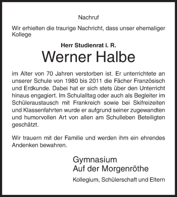 Traueranzeige von Werner Halbe von Siegener Zeitung