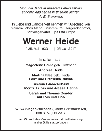 Traueranzeige von Werner Heide von Siegener Zeitung