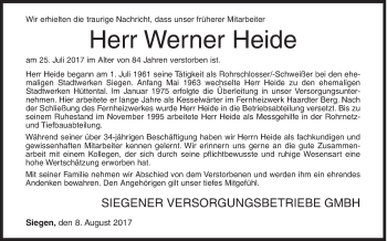 Traueranzeige von Werner Heide von Siegener Zeitung