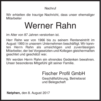 Traueranzeige von Werner Rahn von Siegener Zeitung