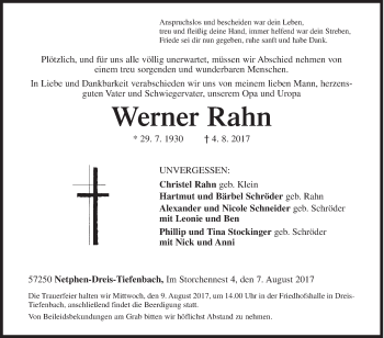 Traueranzeige von Werner Rahn von Siegener Zeitung
