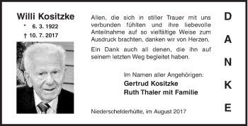 Traueranzeige von Willi Kositzke von Siegener Zeitung