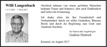 Traueranzeige von Willi Langenbach von Siegener Zeitung