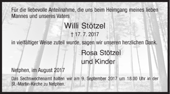 Traueranzeige von Willi Stötzel von Siegener Zeitung