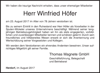 Traueranzeige von Winfried Höfer von Siegener Zeitung