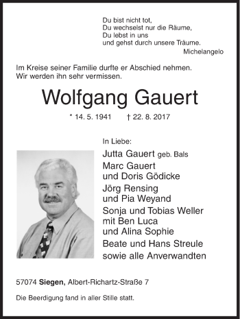 Traueranzeige von Wolfgang Gauert von Siegener Zeitung