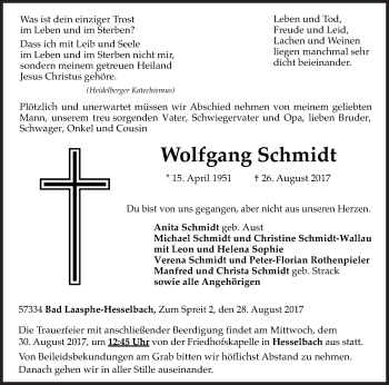 Traueranzeige von Wolfgang Schmidt von Siegener Zeitung