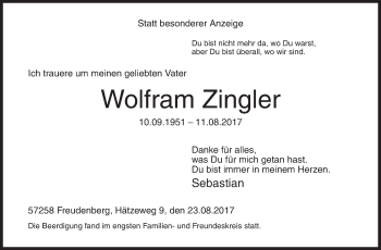 Traueranzeige von Wolfram Zingler von Siegener Zeitung