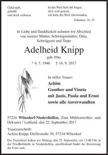 Traueranzeige von Adelheid Knipp von Siegener Zeitung