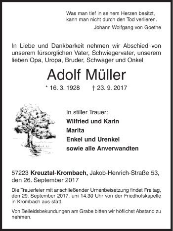 Traueranzeige von Adolf Müller von Siegener Zeitung