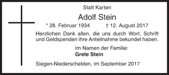 Traueranzeige von Adolf Stein von Siegener Zeitung