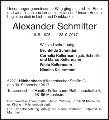 Traueranzeige von Alexander Schmitter von Siegener Zeitung
