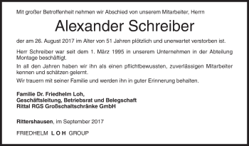 Traueranzeige von Alexander Schreiber von Siegener Zeitung