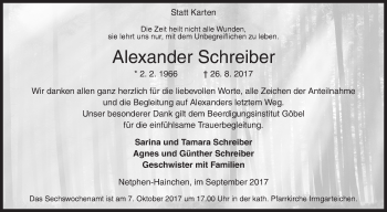 Traueranzeige von Alexander Schreiber von Siegener Zeitung